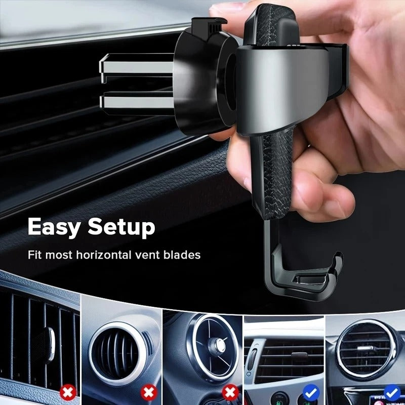Universal Gravity Auto Phone Holder - Air Vent Clip Mount for iPhone 14, Xiaomi, and All 4.7-6.5 Inch Smartphones - Delicate Leather