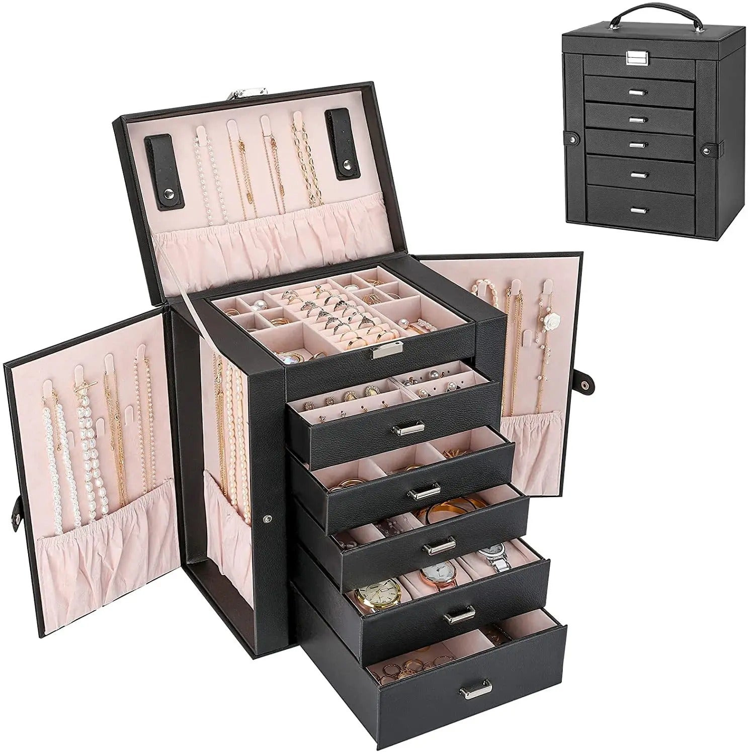 Leather 5-Layer Drawer Jewelry Storage Box - Large Capacity Organizer for Necklaces, Bracelets, Pendants - Delicate Leather
