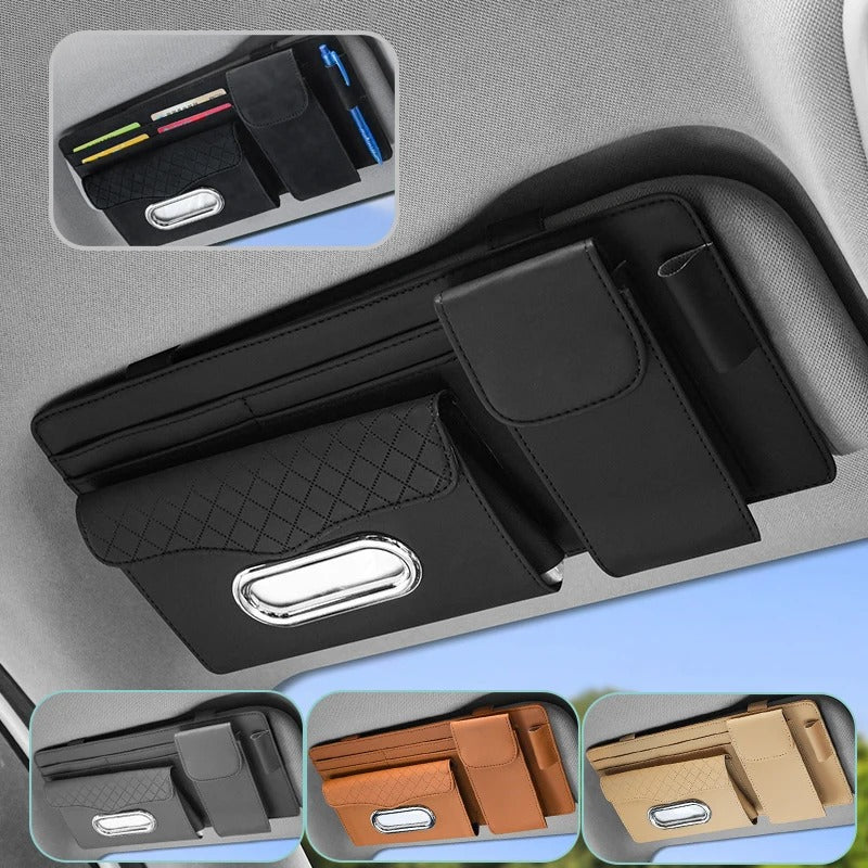 4-In-1 Sun Visor Car Glasses Clip Multi-Functional Storage Box - Delicate Leather
