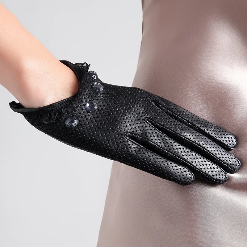 Thin Women's Sheepskin Gloves with Touch Screen and Mesh Design - Delicate Leather
