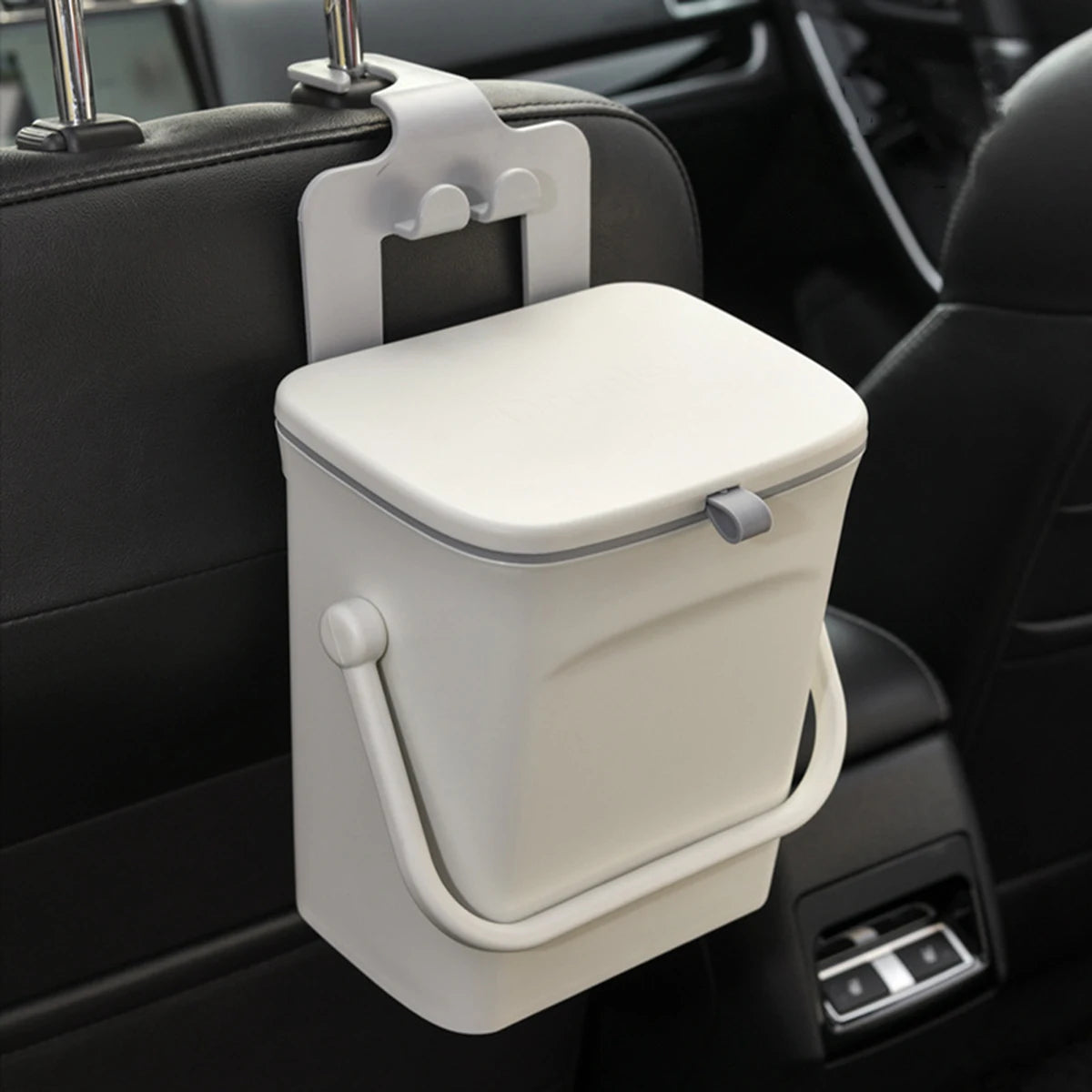 Car Trash Can with Lid and Mobile Phone Holder – 5L Rear Seat Storage Box, Pressing-Type Square Waste Bin for Vehicle Interior - Delicate Leather