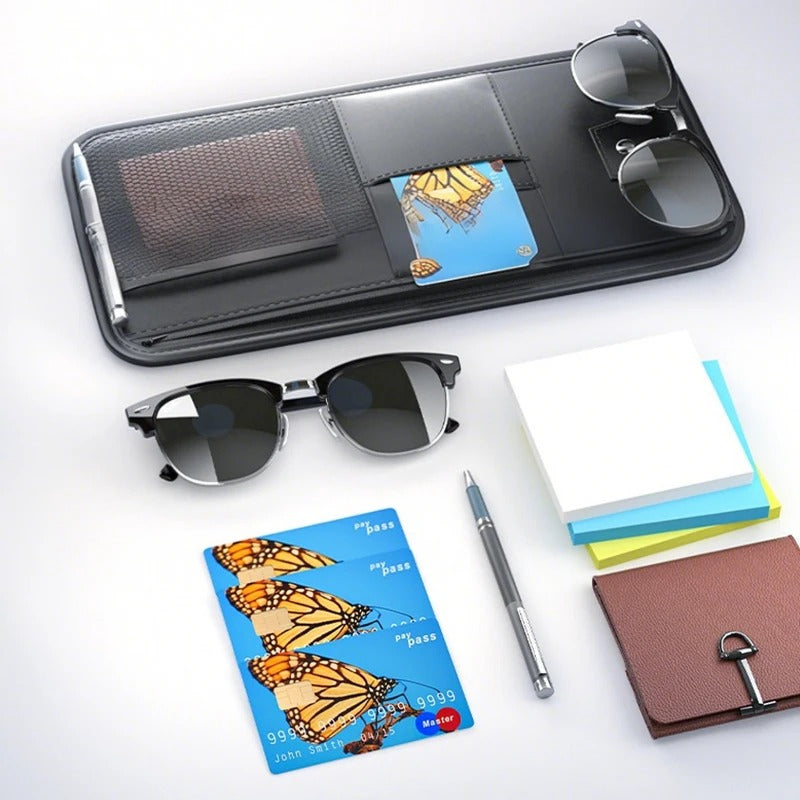 PU Leather Car Sun Visor Organizer – Multi-Pocket Storage Bag with Card Holder and Glasses Clip, 16×32 cm - Delicate Leather