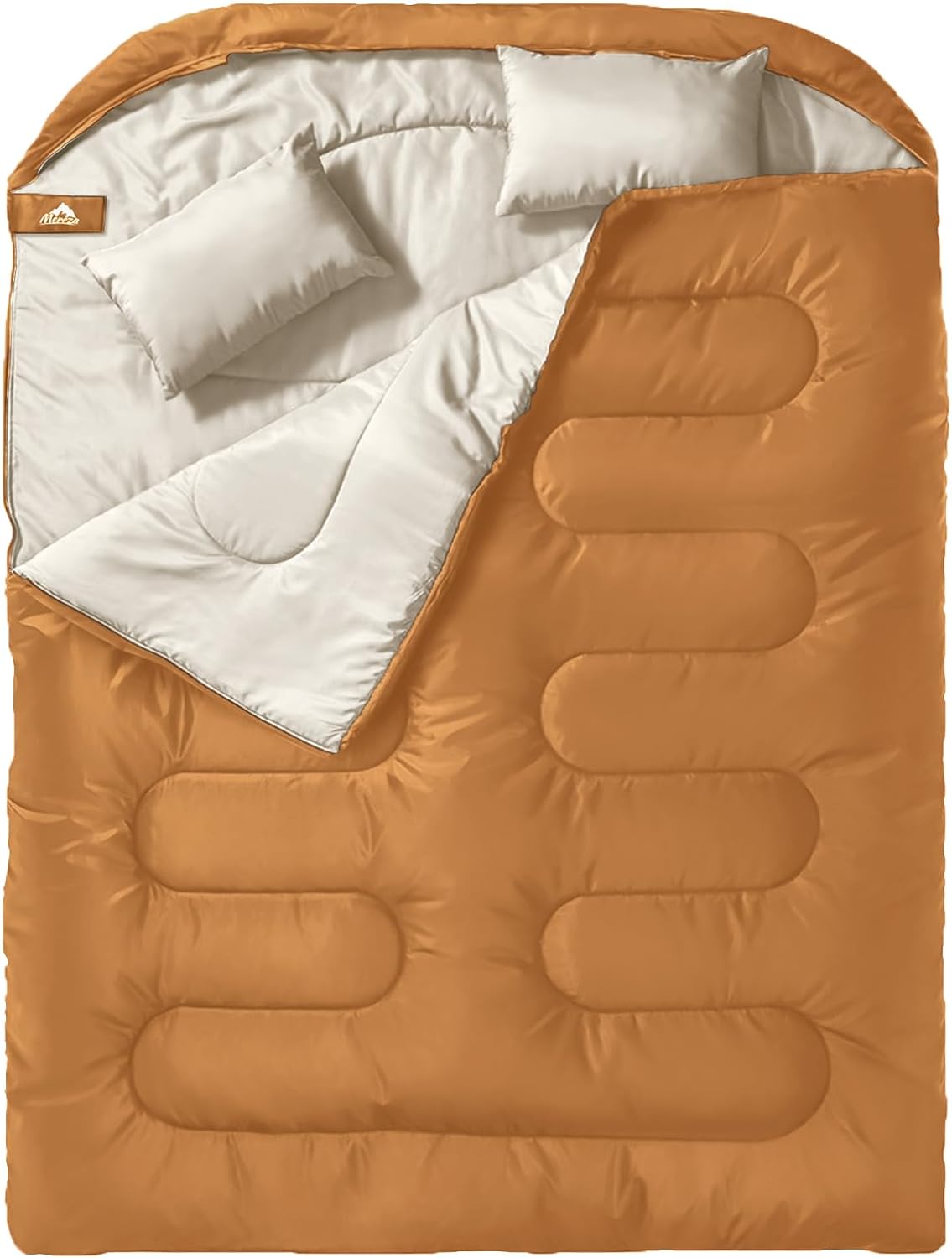Double Sleeping Bag for Adults with Pillow, Two Person Sleeping Bag for All Season Camping, Backpacking, or Hiking for Adults or Teens Queen Size XL - Delicate Leather