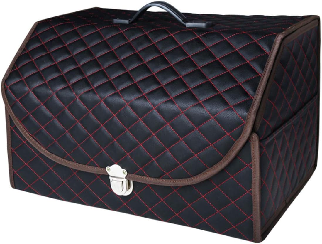 Folding Car Trunk Storage Box - Black, Universal Organizer and Bin with Handle for Cars, SUVs, Trucks, and Vans - Delicate Leather