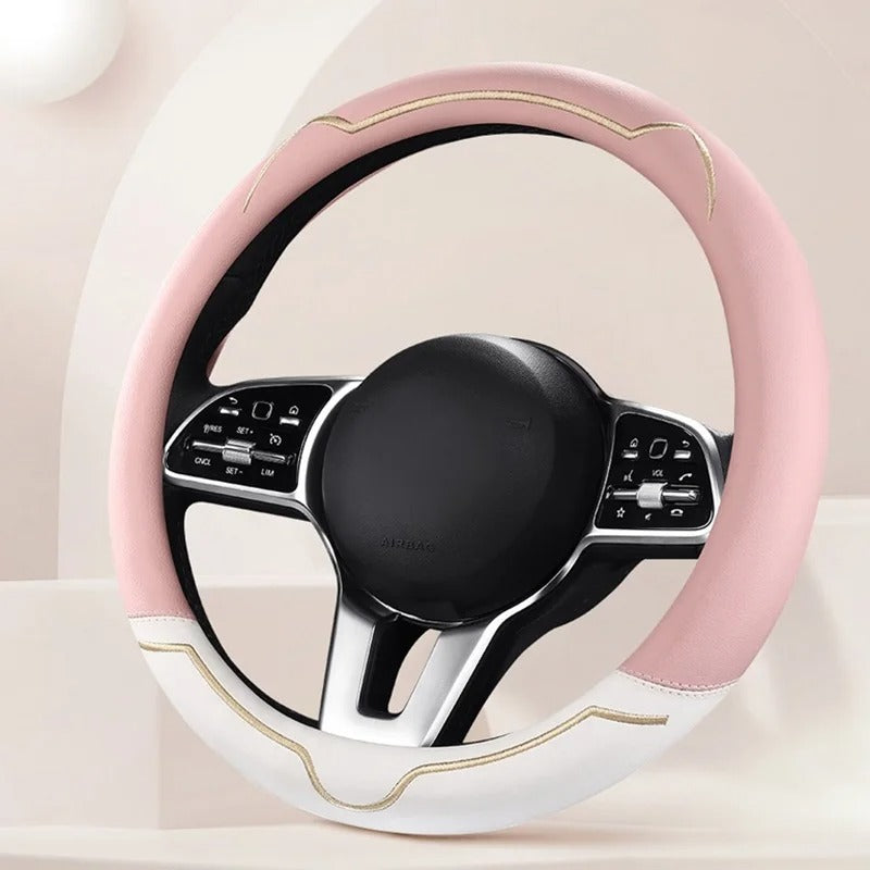 Universal Steering Wheel Cover – Pink and White, 15-Inch Anti-Slip Design - Delicate Leather