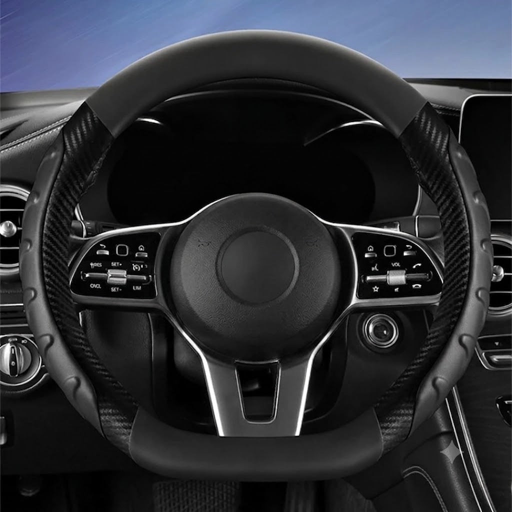 Carbon Fiber Leather Steering Wheel Cover – Universal O/D Shape Anti-Slip Grip - Delicate Leather