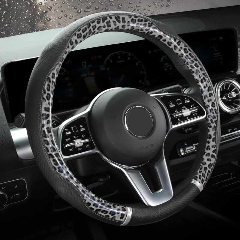 Universal 38CM Steering Wheel Cover – Anti-Slip PU Leather with Leopard Print Design - Delicate Leather