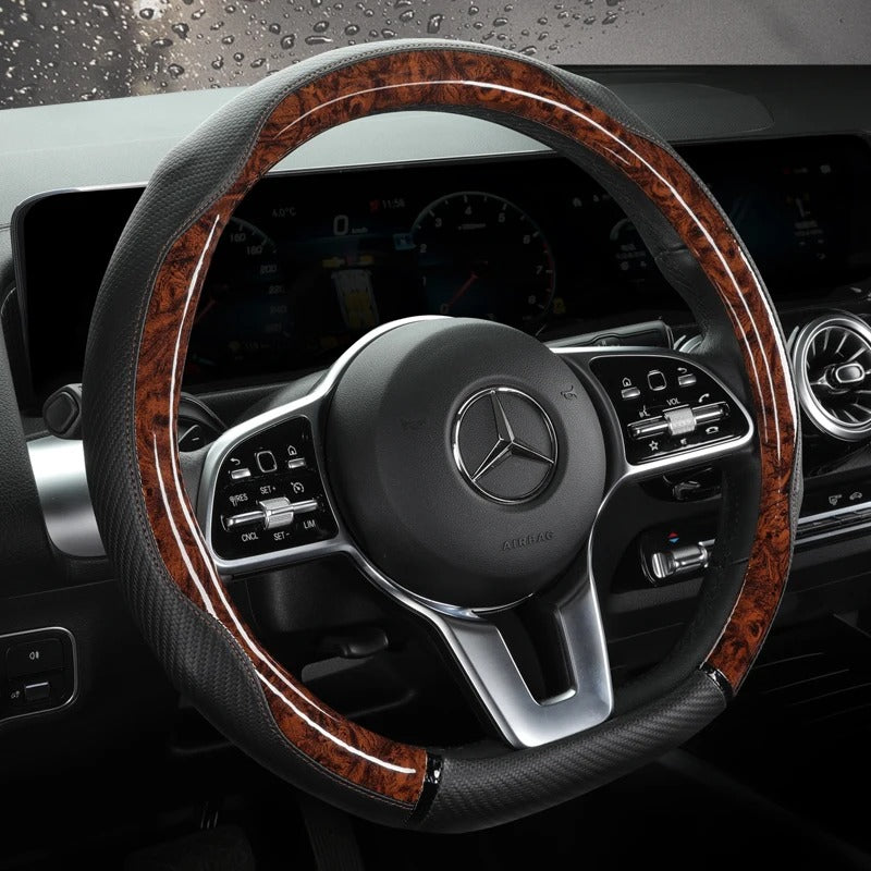 Leopard-Pattern Leather Steering Wheel Cover – Universal 38 cm Fit, Non-Slip, Decorative Car Interior Accessory - Delicate Leather