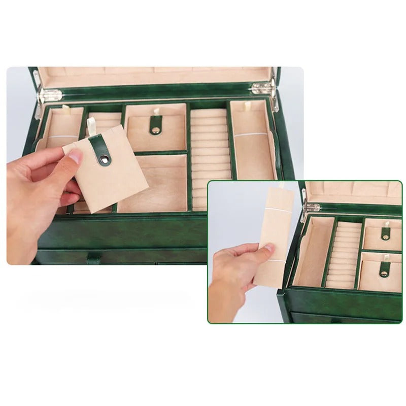 Green Leather Jewelry Storage Box Drawer Type Jewelry Organizer