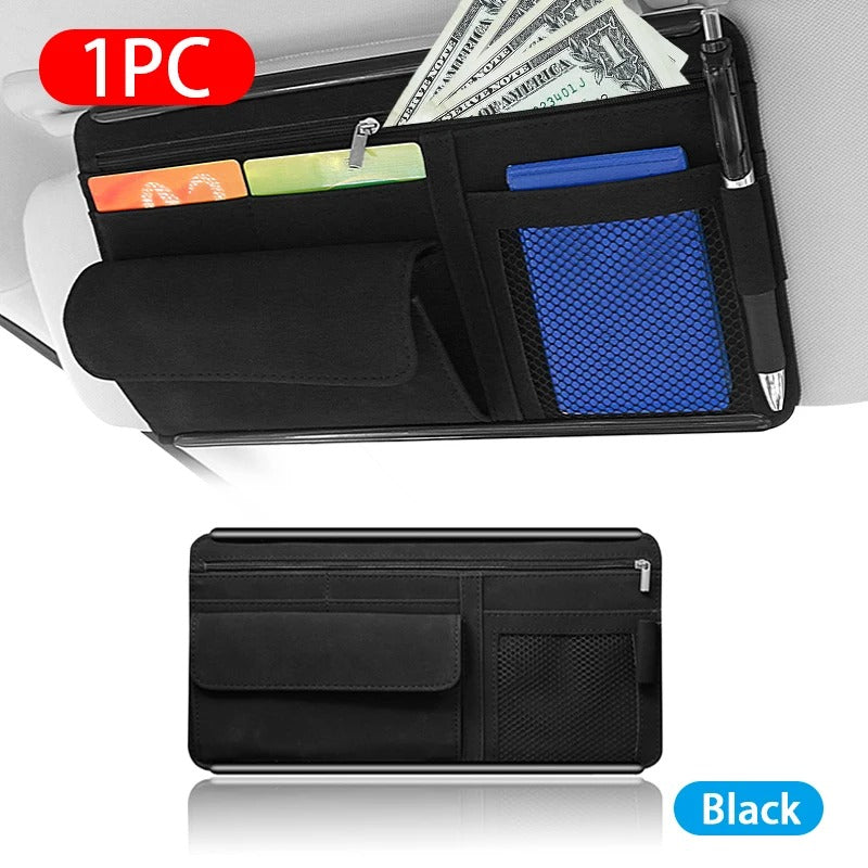 Car Sun Visor Organizer - Textured Suede 2-Layer Storage Bag - Sunglasses Case, Card Holder, Auto Zipper Storage Pocket - Delicate Leather