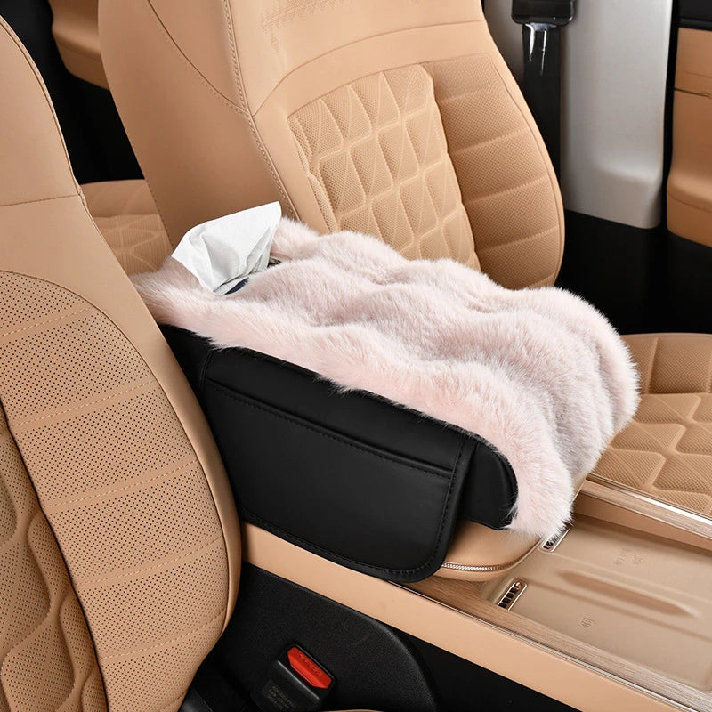 Plush Car Armrest Cushion with Tissue Box – Winter Fluffy Center Console Cover - Delicate Leather