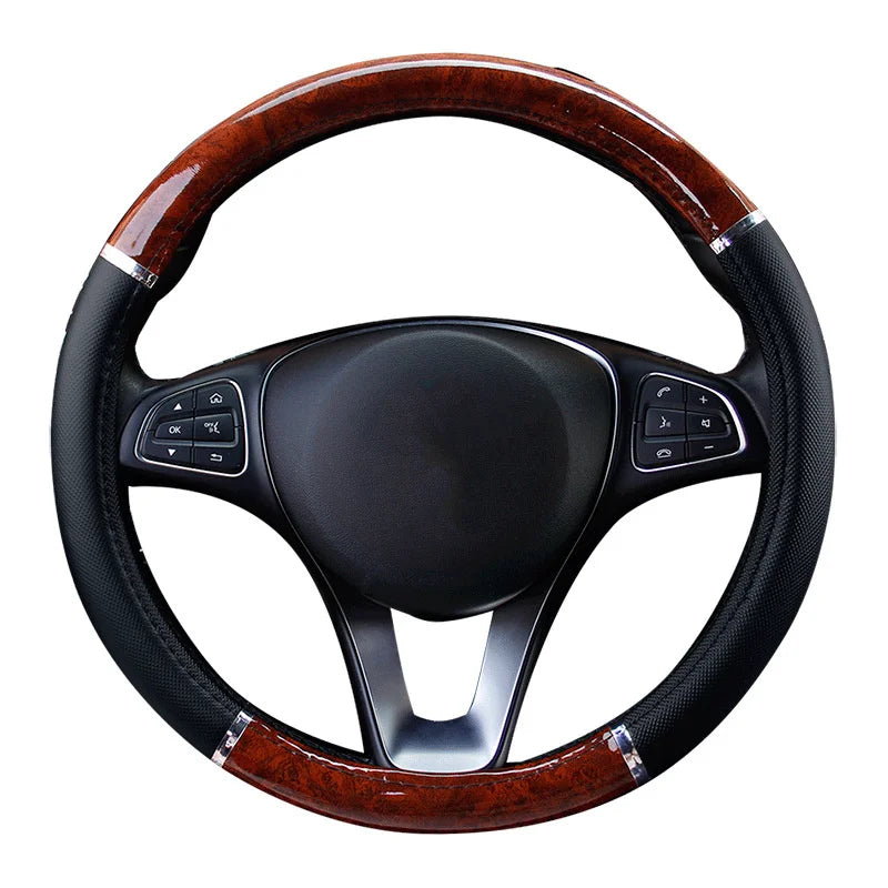 Universal Wood-Grain Leather Steering Wheel Cover – Soft, Anti-Slip, All-Season Fit for 14.5 - 15 inches Wheels - Delicate Leather