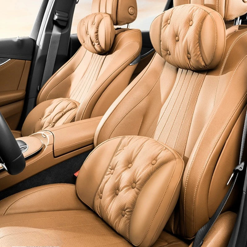 Universal Car Headrest & Lumbar Support Cushion – Nappa Leather Neck and Lumbar Pillows for Comfort - Delicate Leather