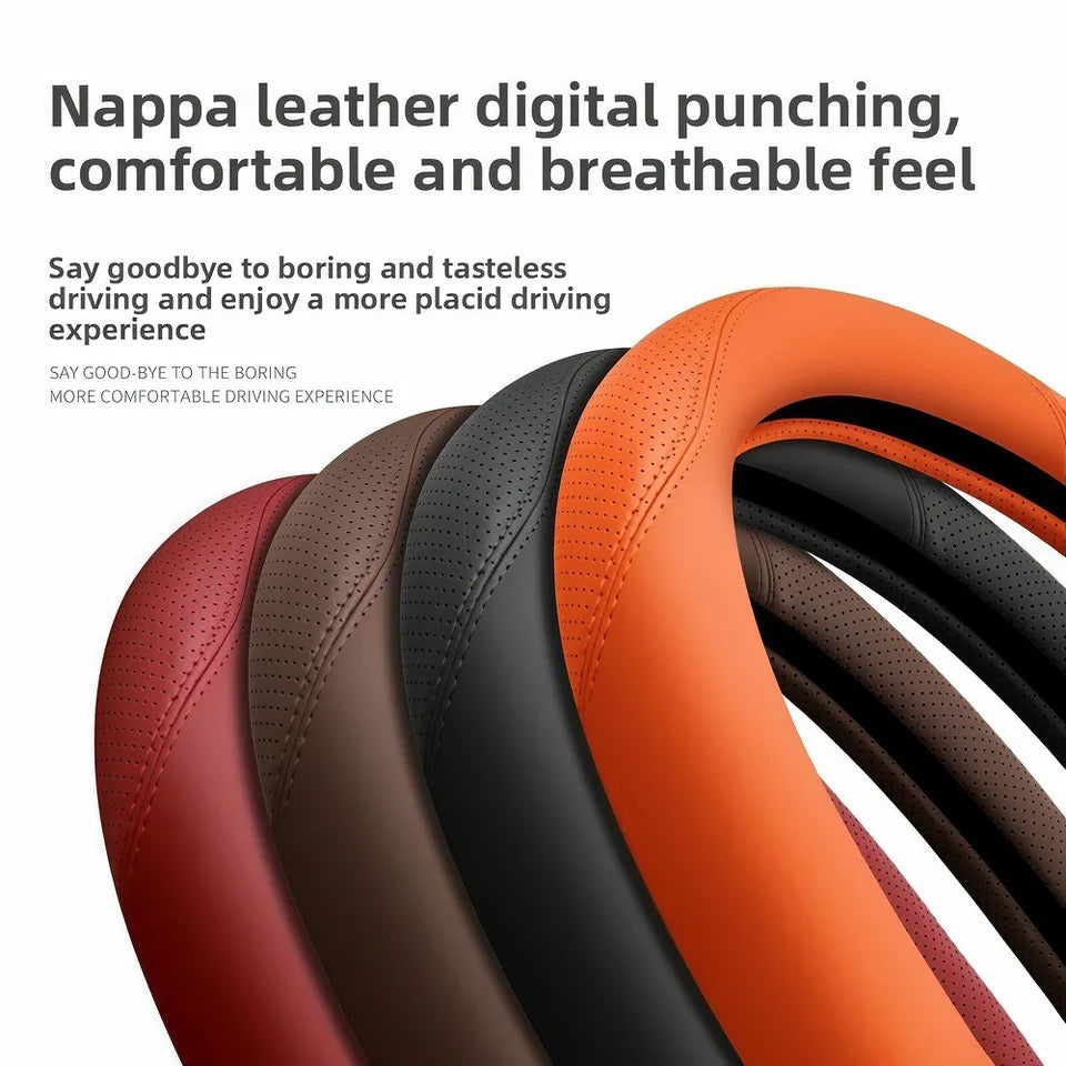 Premium Nappa Leather Steering Wheel Cover – Laser Perforated, Non-Slip Grip, Universal 14.6–15 Inch - Delicate Leather