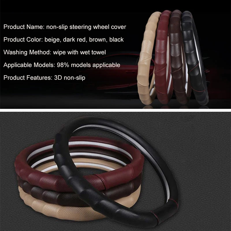 3D PU Leather Steering Wheel Cover – Universal 15 Inch O/D Type, Anti-Slip Grip, Four-Season Car Interior Protection - Delicate Leather