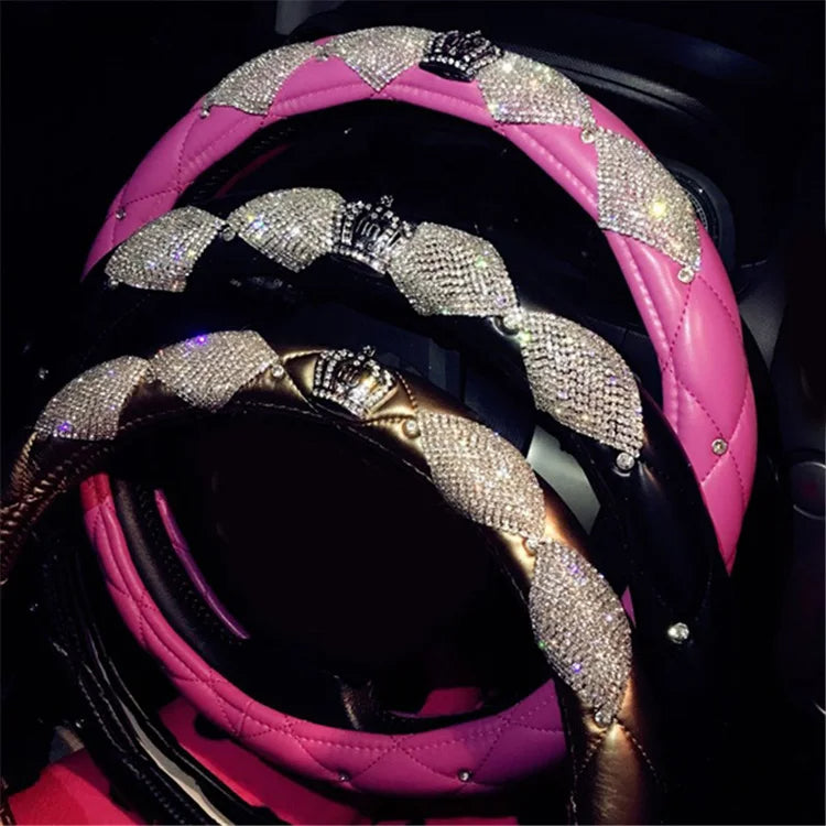 Luxury Crystal Crown Leather Steering Wheel Cover | Bling Rhinestone Car Accessory for Girls - Universal Fit, Gift For Mother's Day 2025 - Delicate Leather