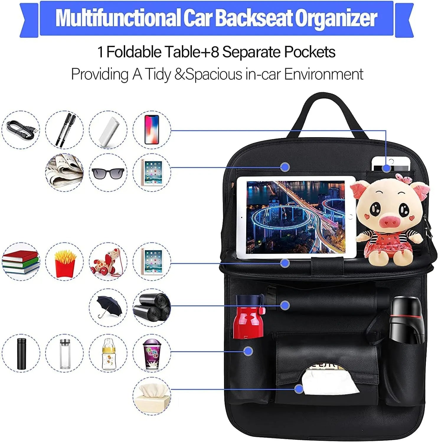 Backseat Organizer With Tablet Holder PU Leather, Custom Fit For Your Cars, Backseat Car Organizer, Car Seat Back Protectors Kick With Foldable Table Tray Car Seat Organizer, Car Accessories (SP4)