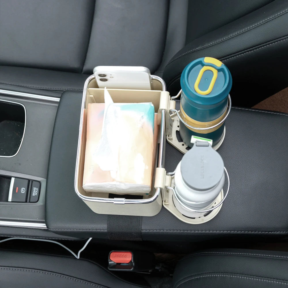 Multifunctional Car Storage Box – Console Armrest Organizer with Phone, Tissue, Cup, and Drink Holde (SP6) - Delicate Leather