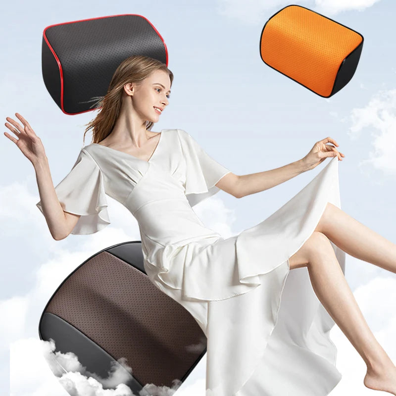 Universal Car Headrest and Lumbar Support Pillow – Memory Foam Neck & Waist Cushion for Car Interior - Delicate Leather