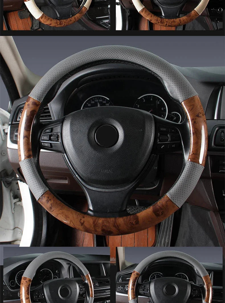 Wood Grain Steering Wheel Cover – PU Leather Anti-Slip Breathable 38cm Universal Fit - Delicate Leather