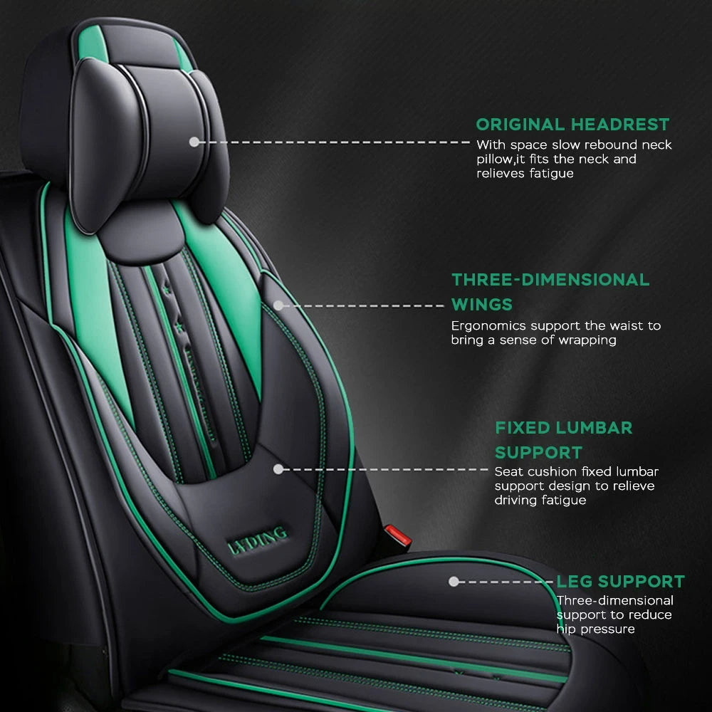 Universal Style Full Coverage Car Seat Cover – Black & Green with Headrest