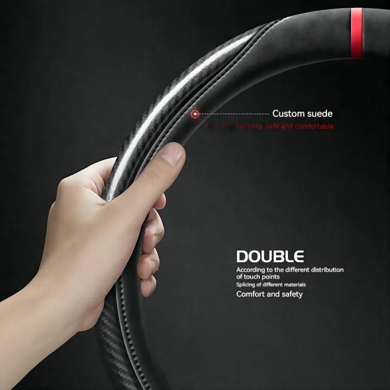 Carbon Fiber Style Steering Wheel Cover – Suede Anti-Slip 38cm Universal Interior Accessory - Delicate Leather