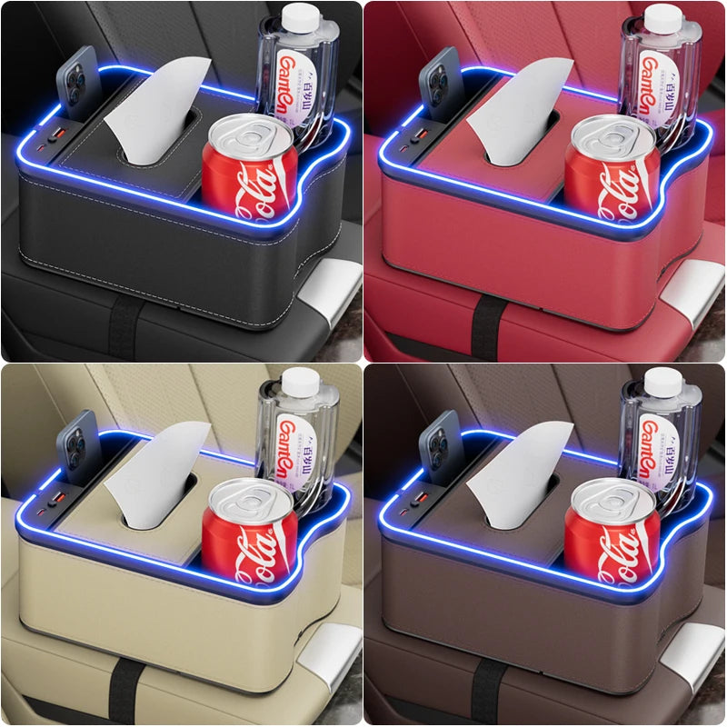 Car Armrest Storage Box with LED Ambient Light & Type-C USB Charger – Universal Center Console Organizer - Delicate Leather