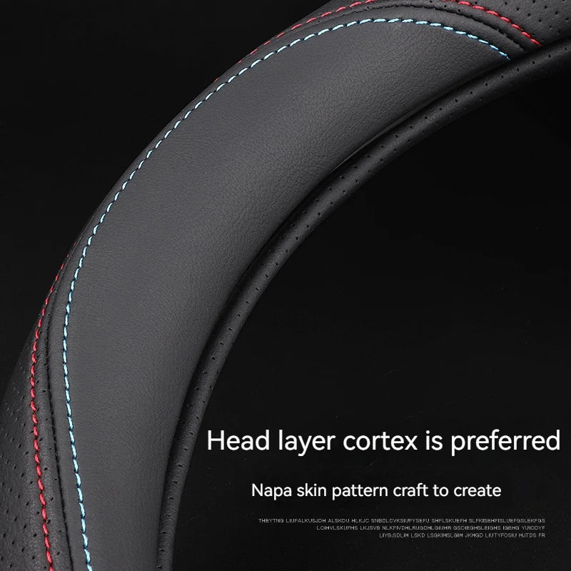 Full Leather Steering Wheel Cover – Ultra-Thin, Non-Slip, Breathable, Universal 14.5–15.5 Inch, All-Season Protection - Delicate Leather