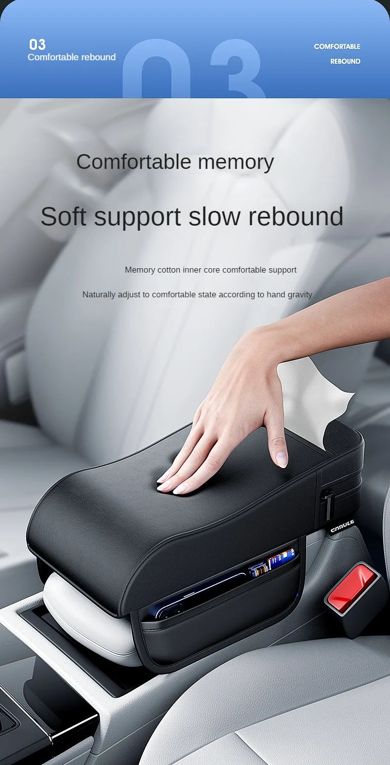 Car Armrest Cushion with Tissue Holder – Leather-Style Height Pad for Center Console - Delicate Leather