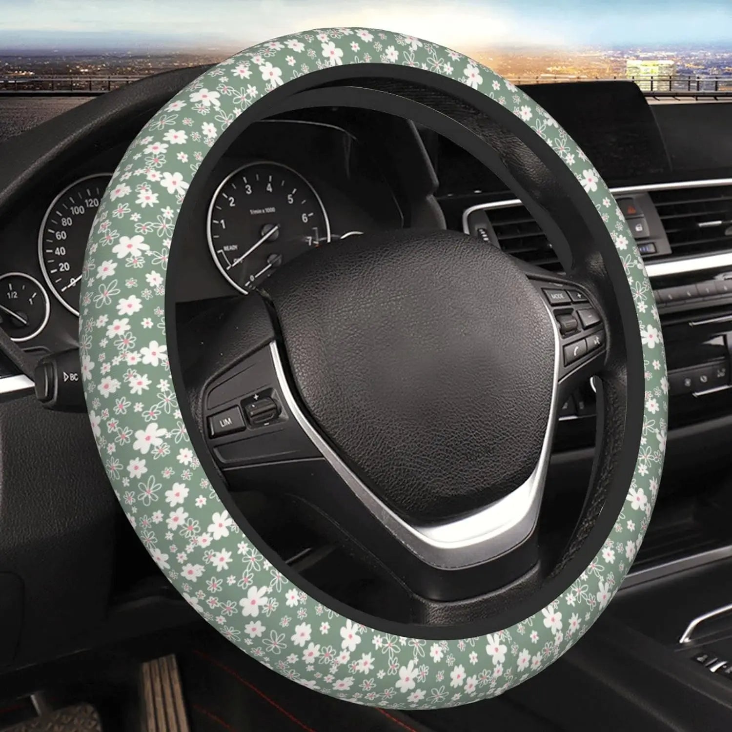 Hippie Flower Steering Wheel Cover, Sage Green Hippie Flower Car Steering Wheel Cover , Car Accessories 21 - Delicate Leather
