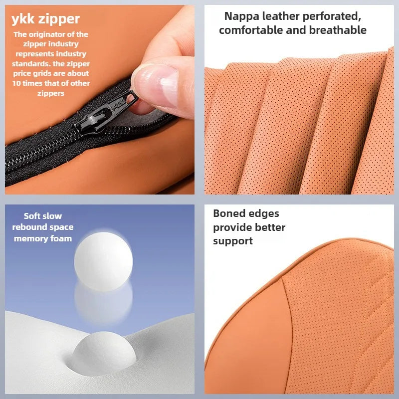 Nappa Leather Car Neck & Seat Pillow – Memory Foam Car Headrest and Lumbar Cushion, Universal All-Season Auto Accessories - Delicate Leather