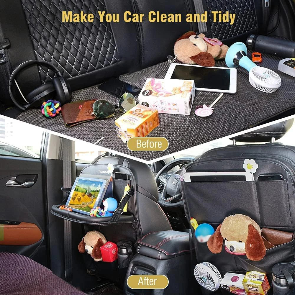 Backseat Organizer With Tablet Holder PU Leather, Custom Fit For Your Cars, Backseat Car Organizer, Car Seat Back Protectors Kick With Foldable Table Tray Car Seat Organizer, Car Accessories (SP4)