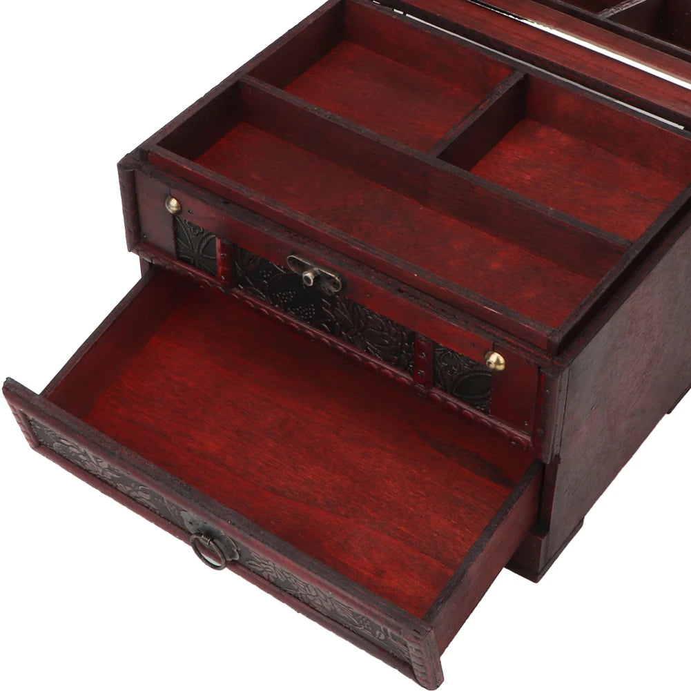 Vintage Wooden Jewelry Box with Mirror – Organizer Case for Necklaces, Earrings & Accessories