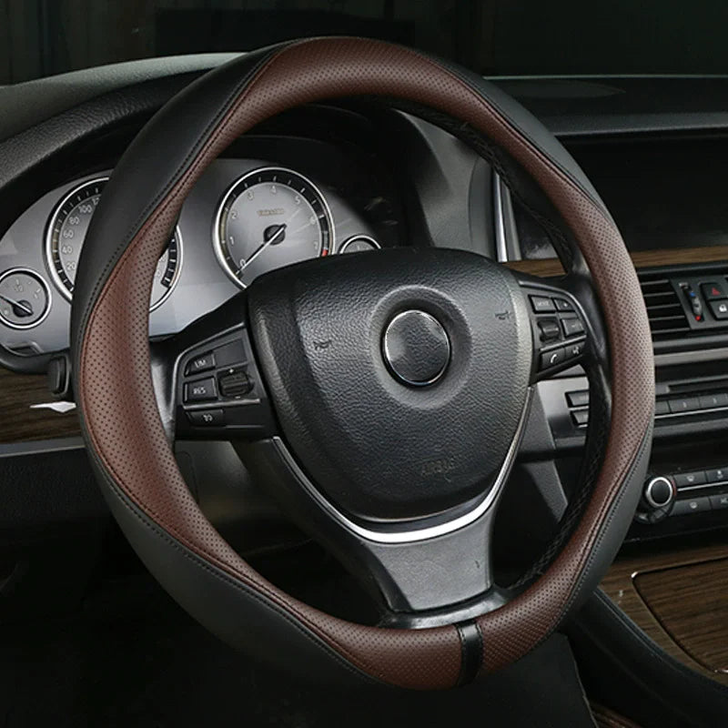 Leather Car Steering Wheel Cover Universal Fit 36cm 38cm 39cm – Anti-Slip Interior Steering Protector - Delicate Leather