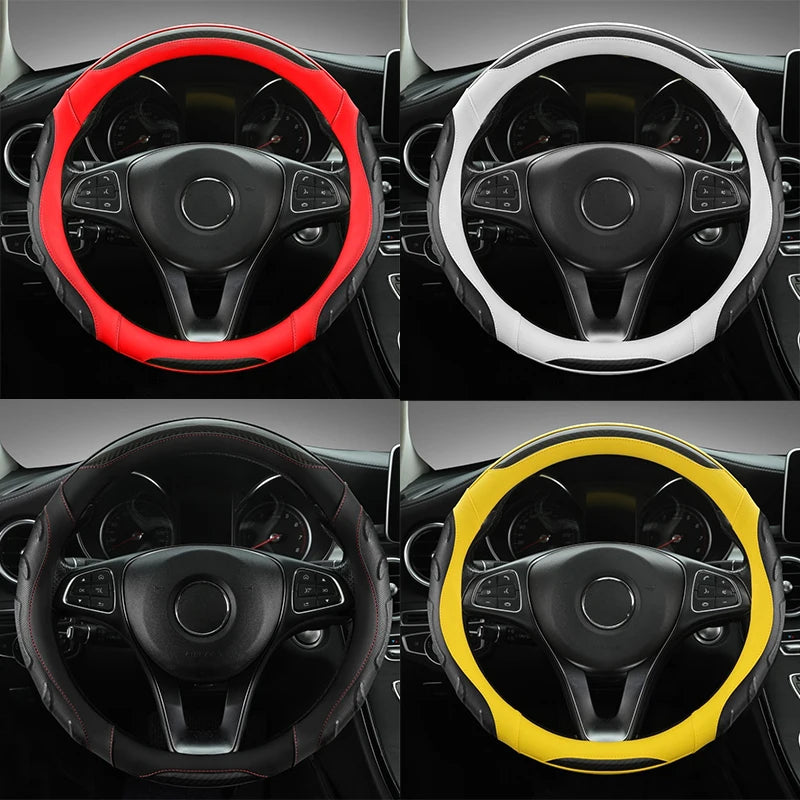 Perforated PU Leather Steering Wheel Cover with Carbon Fiber Texture – Non-Slip & Breathable, Universal Fit for 14.5–15 Inch Wheels - Delicate Leather