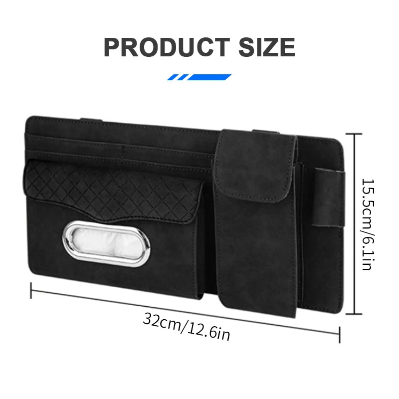 Suede Car Sun Visor Organizer – Glasses Case, Tissue Holder & Multi-Pocket Storage - Delicate Leather