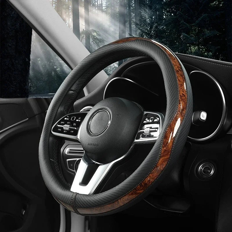 Carbon Fiber Style Steering Wheel Cover – Anti-Slip PU Leather & Wood Grain, 38cm Universal Fit - Delicate Leather