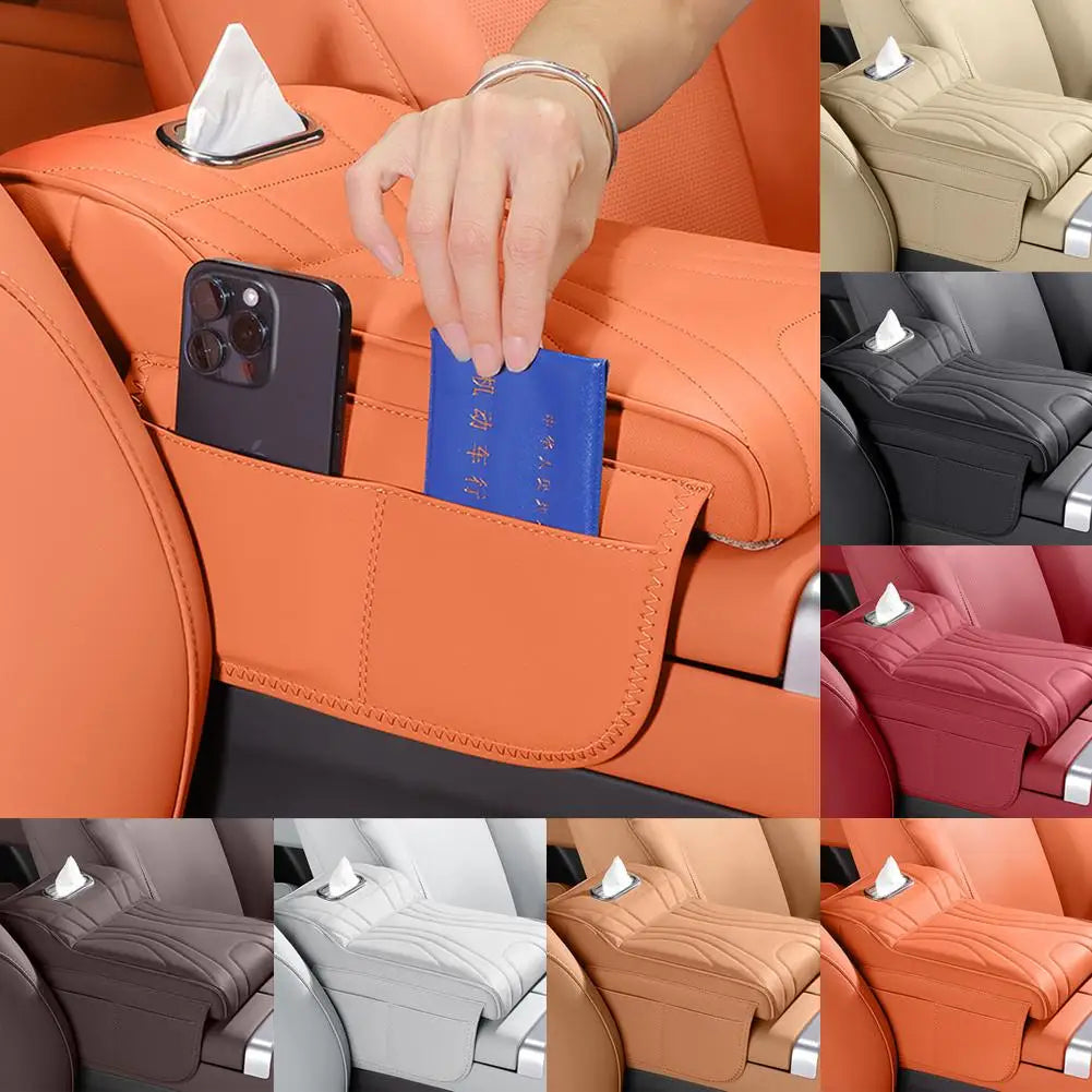 Universal Car Armrest Booster Pad – Memory Foam Armrest Cushion with Storage Pocket, Leather Protective Cover - Delicate Leather