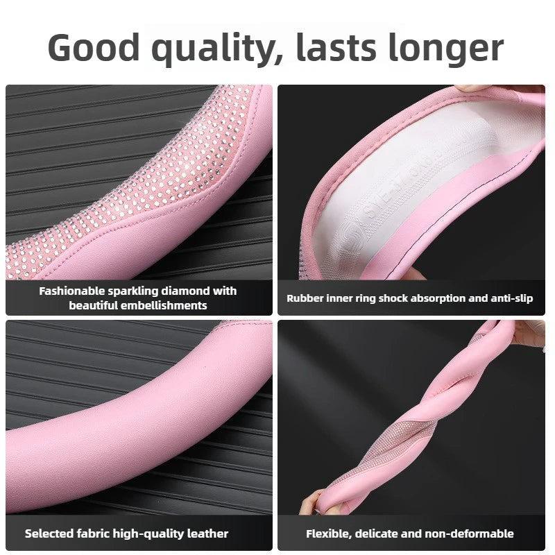 Shining Rhinestone Pink Steering Wheel Cover – Sparkling Crystal Diamond Car Interior Accessory for Women, 15-inch Universal Fit - Delicate Leather