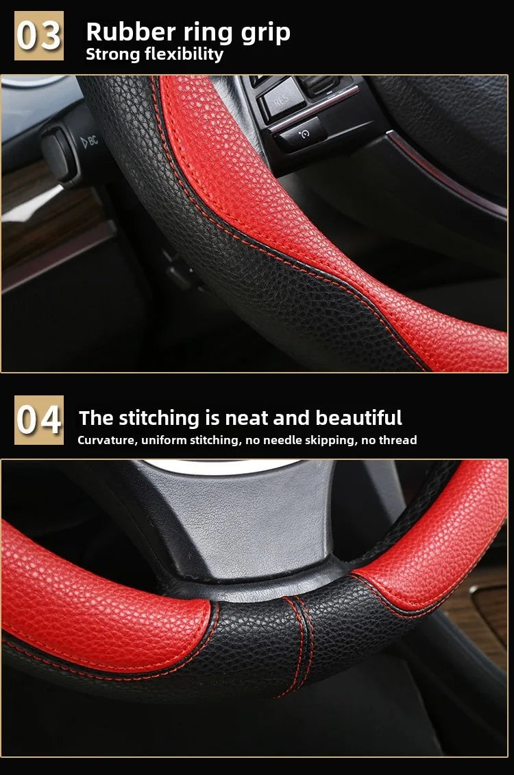 PU Leather Steering Wheel Cover – Anti-Slip 15 Inch Universal Round Interior Accessory - Delicate Leather