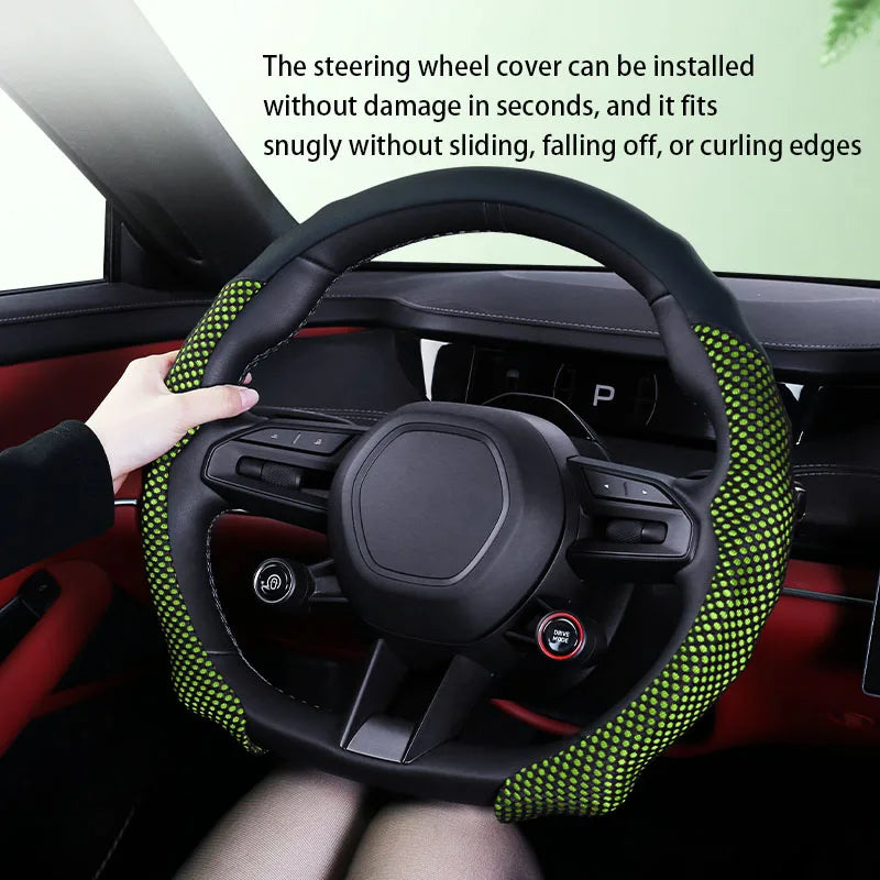 5D Sports Mesh Steering Wheel Cover – Ultra-Thin Breathable Non-Slip Grip, Universal Fit Interior Accessory - Delicate Leather