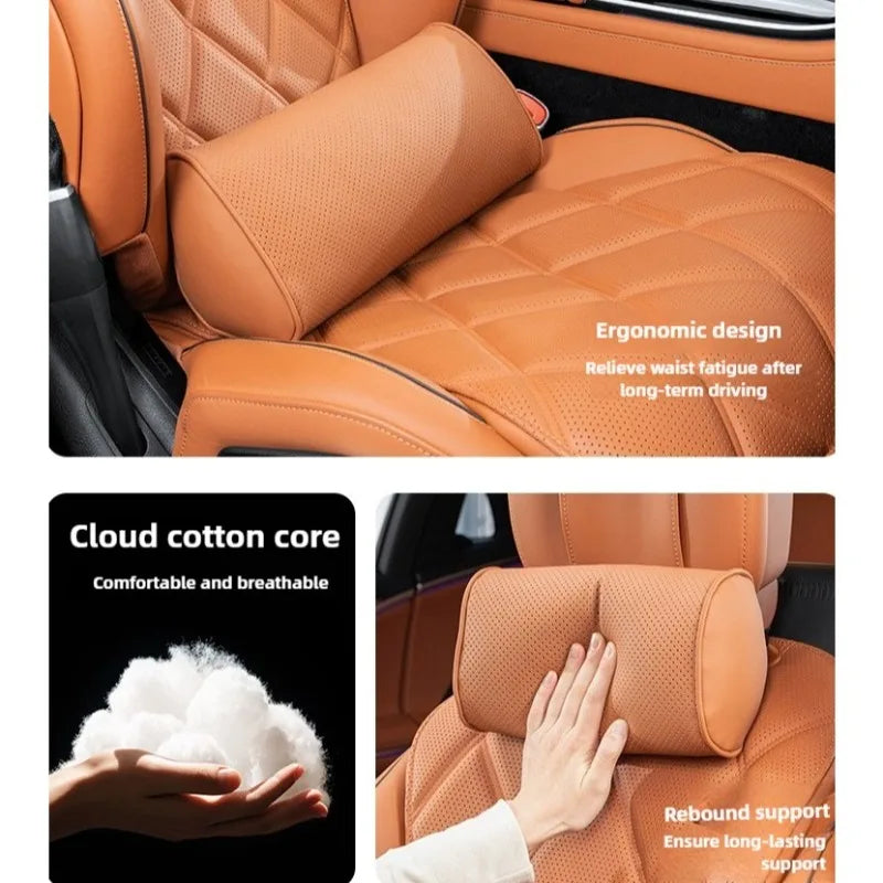 Memory Cotton Car Headrest & Lumbar Pillow Set – Leather Neck and Waist Support for Comfortable Driving - Delicate Leather