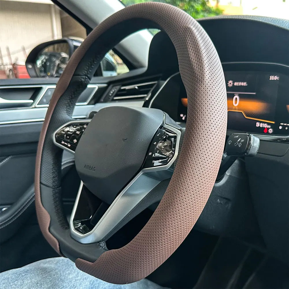 Universal Leather Steering Wheel Cover 36–38cm – Non-Slip Breathable Round Handle Protector - Delicate Leather