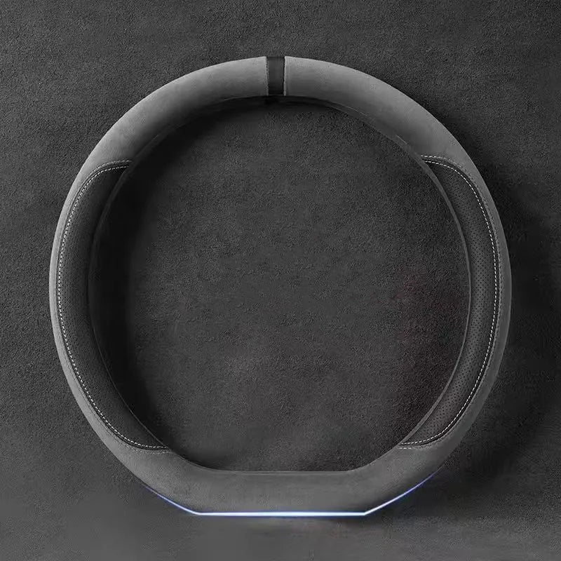 Universal Suede Steering Wheel Cover – Ultra-Thin Non-Slip D-Shape & Round Fit, Breathable All-Season Leather Protector 37–38cm - Delicate Leather