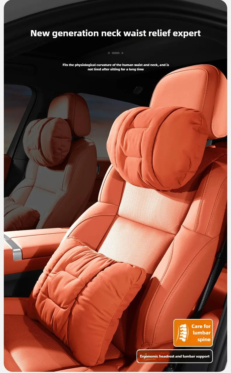 Suede Leather Car Headrest & Lumbar Support Pillow Set – Comfortable Neck and Back Cushions - Delicate Leather