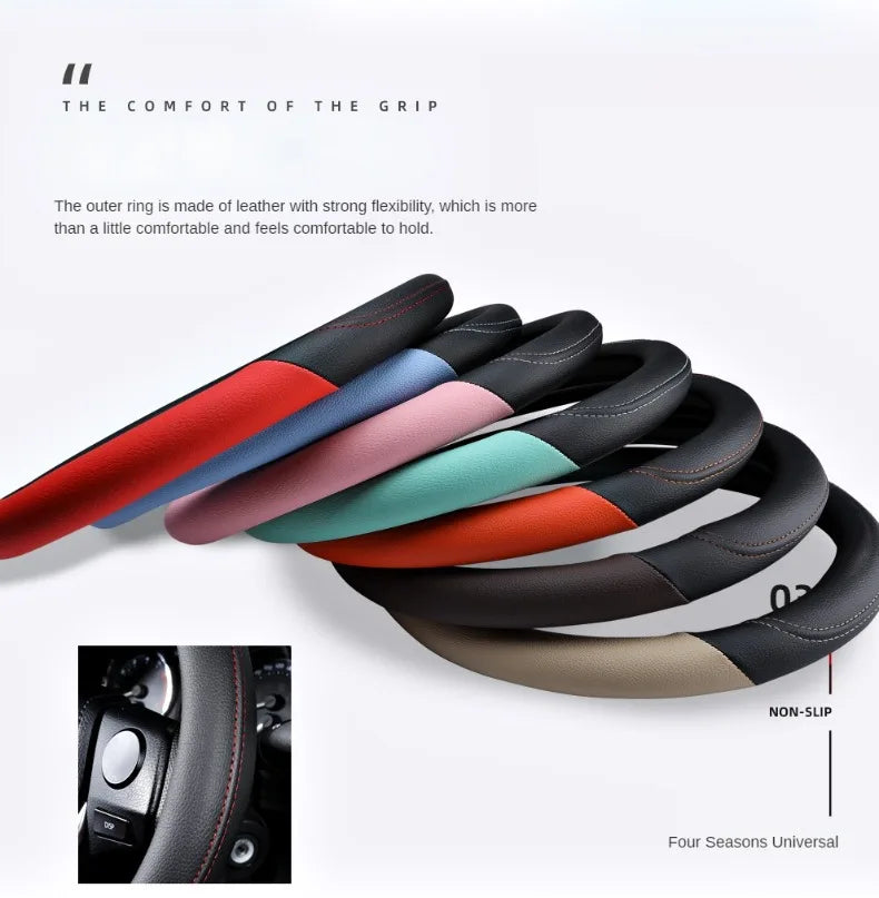 PU Leather Contrast Color Car Steering Wheel Cover Sweat Absorbent, Wear Resistant and Non-slip, Universal in All Seasons, Car Accessories 28