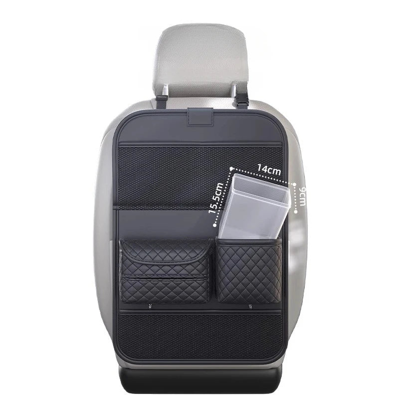 Car Seat Back Storage Organizer with Foldable Table – PU Leather Backseat Hanging Organizer with Phone & Tissue Holder - Delicate Leather