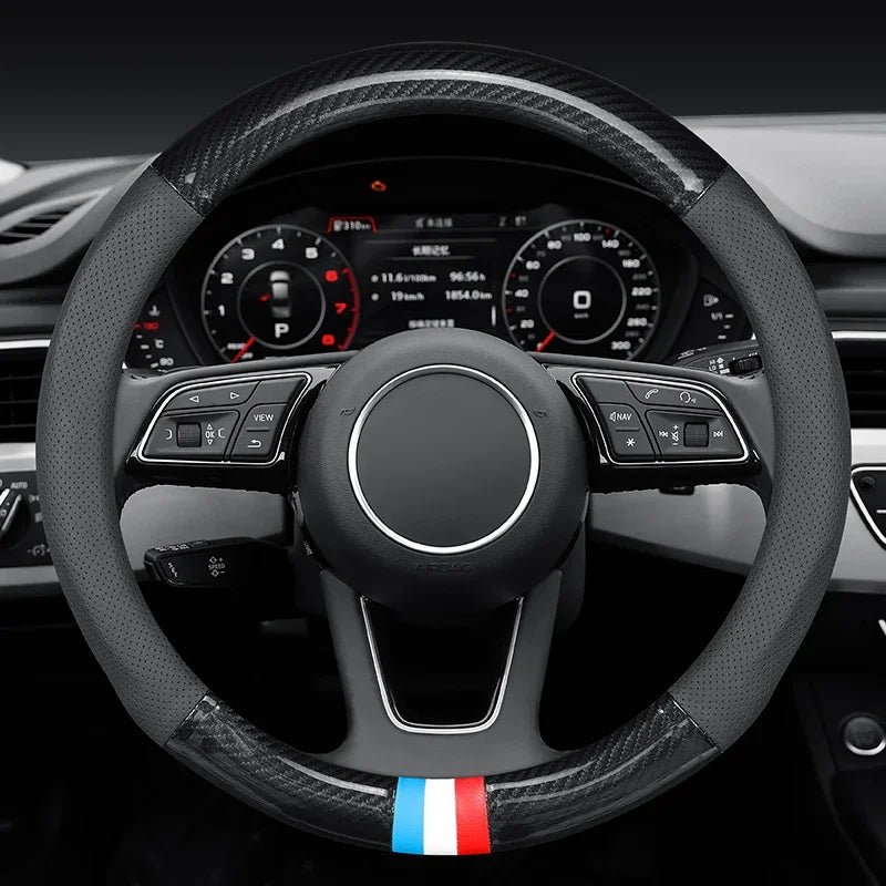 Dedicated-Fit Carbon Fiber Steering Wheel Cover – Non-Slip, Wear-Resistant, Universal 38cm Car Interior Accessory - Delicate Leather