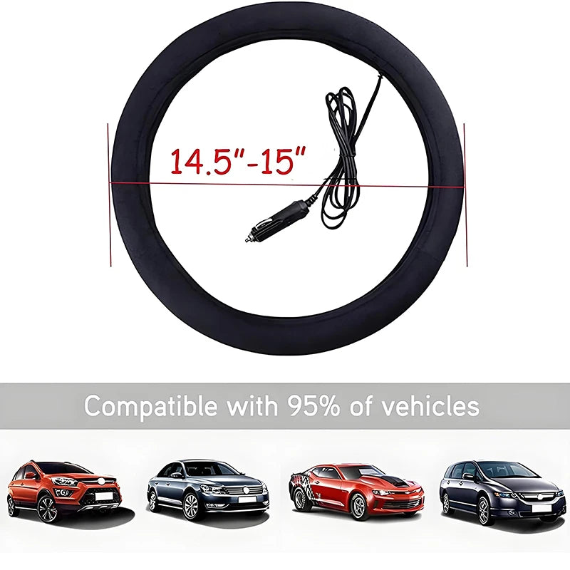 12V Heated Steering Wheel Cover – Fast Heating Plush Wheel Protector for Winter Driving - Delicate Leather