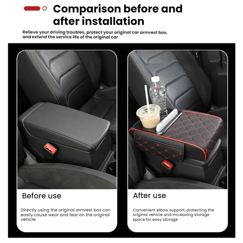 PU Leather Car Center Console Armrest Cushion – Height Pad with Cup Holder and Storage Slots - Delicate Leather